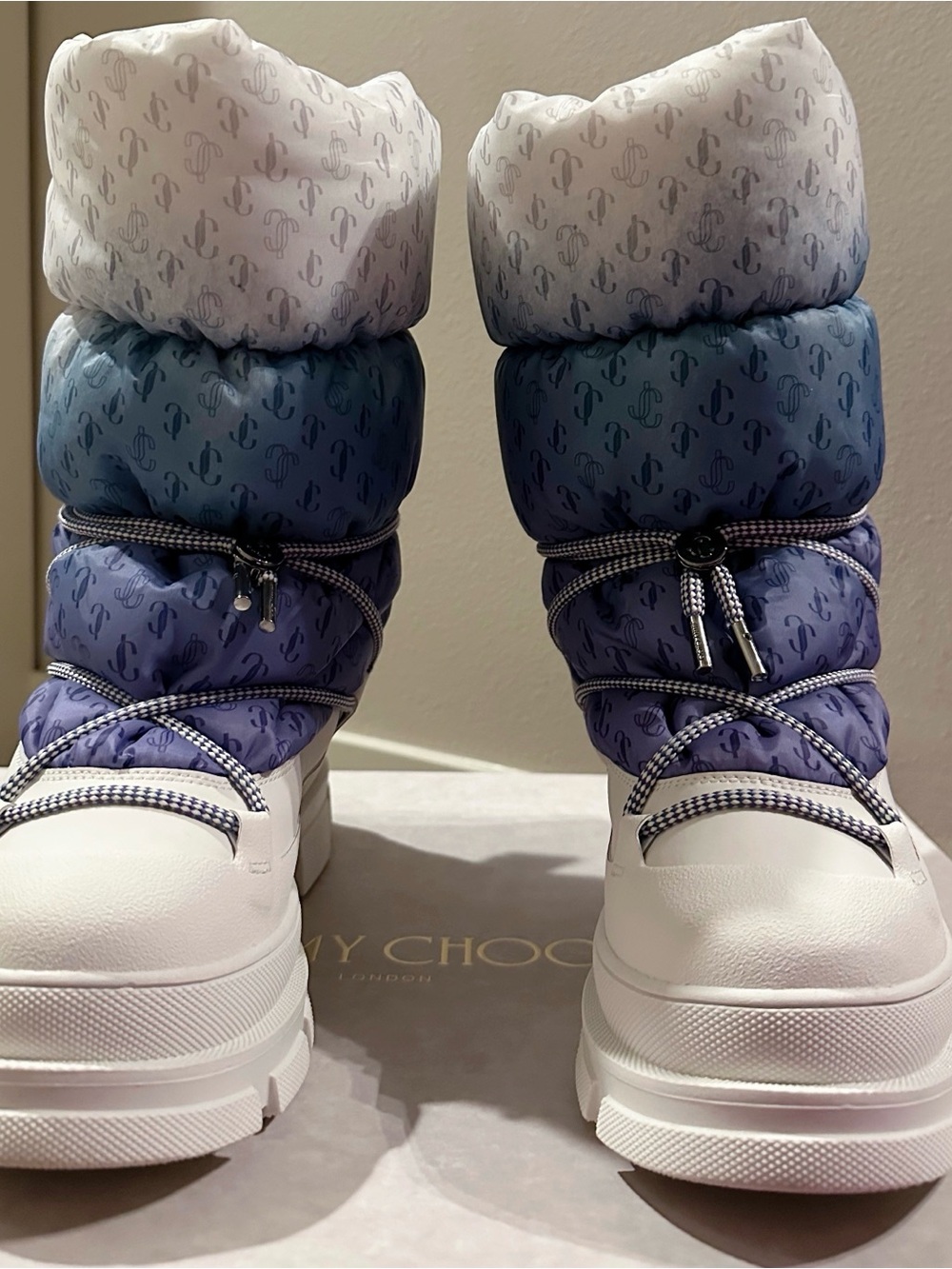 Jimmy Choo White with Blue-Purple Ombre Puffer Snow Boots